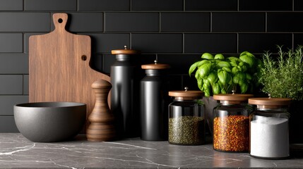 Modern kitchen countertop arrangement featuring spice jars, herbs, and wooden utensils against a sleek backdrop