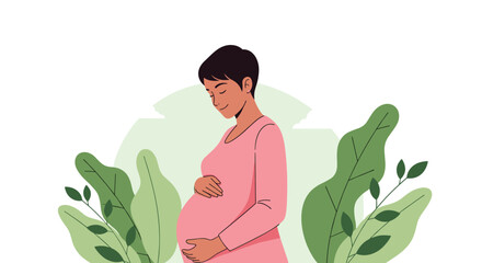 Beautiful pregnant woman with short hair tenderly holding her belly, surrounded by green leaves symbolizing growth and nature.