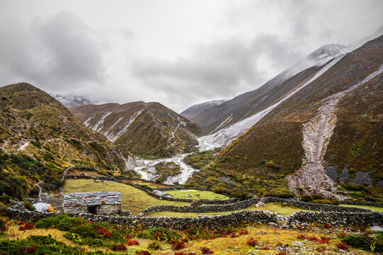 Autumn fields in Dudh koshi valley on the trekking route from Shomare to Dingboche. Everest base camp trek, Nepal.