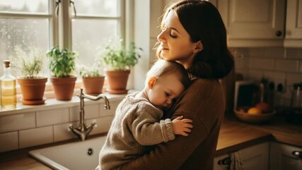 A loving female adult mother gently holds her sleeping caucasian baby. They share a tender moment of quiet rest in a cozy kitchen. Natural light illuminates the peaceful domestic scene - Powered by Adobe