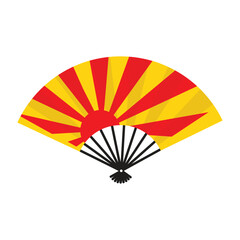Traditional Japanese Folding Fan Vector Illustration with Rising Sun Pattern and Red Yellow Colors