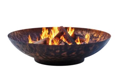 A small fire burning inside a metal fire pit with visible glowing embers creating a warm and cozy outdoor scene