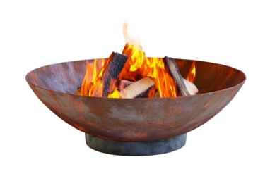 Outdoor metal fire pit holding a small fire with glowing embers and warm light reflecting from the metal surface