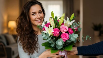 Happy female adult receiving a beautiful bouquet of fresh flowers. A joyful moment of gifting and appreciation at home. Perfect for celebrating special occasions