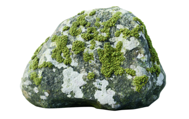 A realistic nature scene featuring a stone coated in green lichen showing the blend of rock and plant life