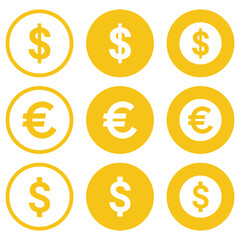 dollar and euro currency icon set featuring clean financial symbols