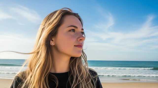 Beautiful young caucasian adult female looks out at the ocean. Her blonde hair gently blows in the breeze on a sunny beach. Enjoying a peaceful moment by the sea
