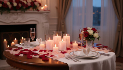 Romantic Candlelit Dinner Table With Elegant Love Atmosphere