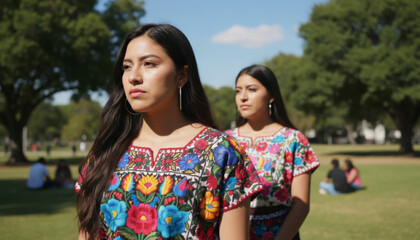 Mexican Woman In Traditional Dress Walking Outdoors Lifestyle Portrait