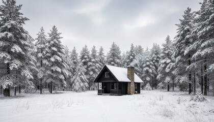 Snowy Winter Cabin In Peaceful Forest Landscape