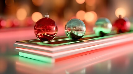 Ultra-clean holiday workspace with glowing LED lines and floating hologram spheres under soft seasonal lighting