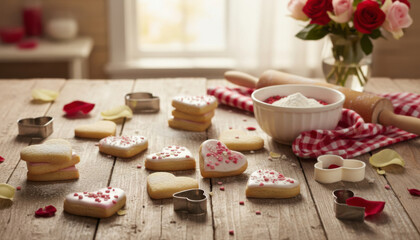 Heart Shaped Cookies Baking Romantic Holiday Kitchen Scene