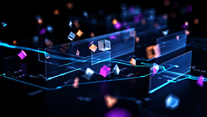 Abstract glowing digital cubes and lines on dark background technology data