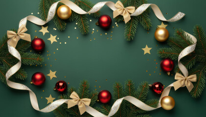 Green Christmas Background With Festive Ornaments Frame