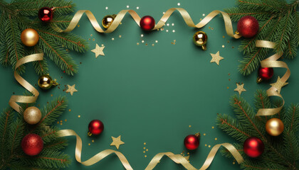 Green Christmas Background With Festive Ornaments Frame