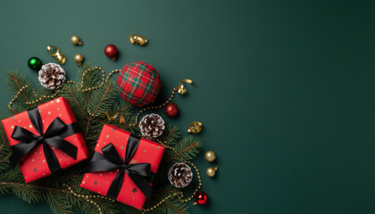 Green Christmas Background With Festive Ornaments Frame