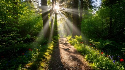 Obraz premium Sunlight streams through forest canopy illuminating a winding path