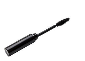 Black mascara wand with dramatic dark strokes applied on a white surface, perfect for cosmetic advertising and makeup product showcases