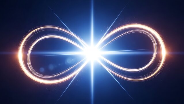 Abstract glowing light trail forming an infinity symbol with bright starburst on dark blue background - Powered by Adobe