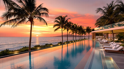 Obraz premium Luxurious beachfront pool with palm trees at sunset. Stunning poolside view with sunset and palm trees. Infinity pool glowing under a vibrant tropical sunset