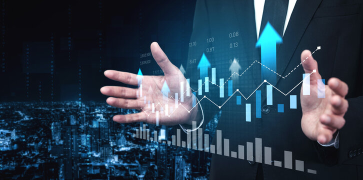 Businessman showcases growth in financial data with hands raised, surrounded by digital graphs and arrows, set against a dark urban skyline, representing success. Scalp - Powered by Adobe
