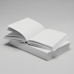 Elegant high-resolution studio image of pristine blank white books, open to clean pages, stacked against soft light grey background