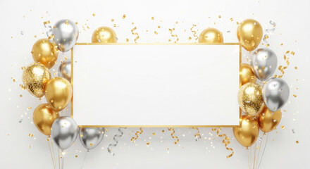 Festive celebration mock up featuring gold and silver balloons surrounding a blank frame, perfect for party invitations or announcements