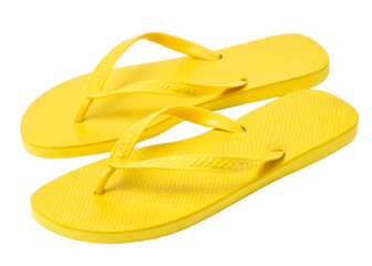Vibrant yellow flipflops arranged for summer beach vacation and poolside relaxation themes, perfect for apparel and accessory marketing