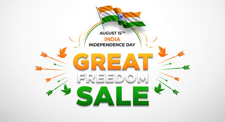 Image features India Independence Day sale promotion with flag, birds, and arrows. It represents freedom, patriotic spirit, and promotional event