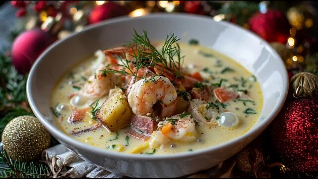 Creamy Seafood Chowder With Holiday Decor
