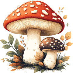 A red and white amanita toadstool fungus grows in green forest grass and is also shown as a cartoon vector illustration isolated on a white background