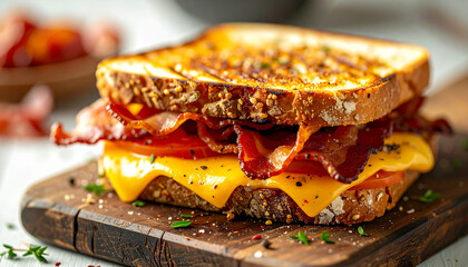 Gourmet breakfast sandwich with crispy bacon and melted cheese on wooden board, appetizing food