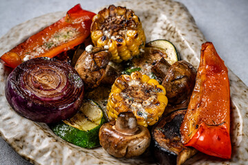 Grilled halal tatar vegetables on rustic plate