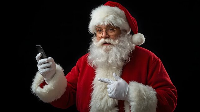 Modern Santa Claus with Glasses and White Beard Holding a Smartphone and Pointing, Dressed in Traditional Red Suit and White Gloves on a Black Background - Powered by Adobe