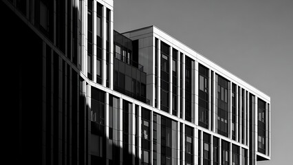 Fototapeta premium A Striking Architectural Detail Of A Modern Building Facade In Monochrome, Highlighting Geometric Patterns And Contrasting Light And Shadow.