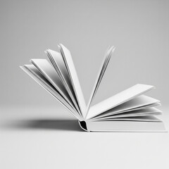 Elegant open white book with fanned pages casting a soft shadow on a clean, smooth monochrome background, embodying a timeless minimalist composition