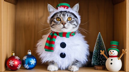 Cute cat in christmas costume with ornaments and winter decorations