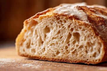 Freshly baked bread resting on a wooden surface in a kitchen