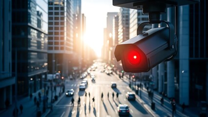 Modern security camera with a red light overseeing a bustling city street at sunset providing urban surveillance and public safety