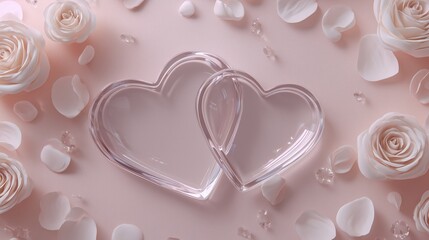 Valentine top-view layout with petals and glass hearts