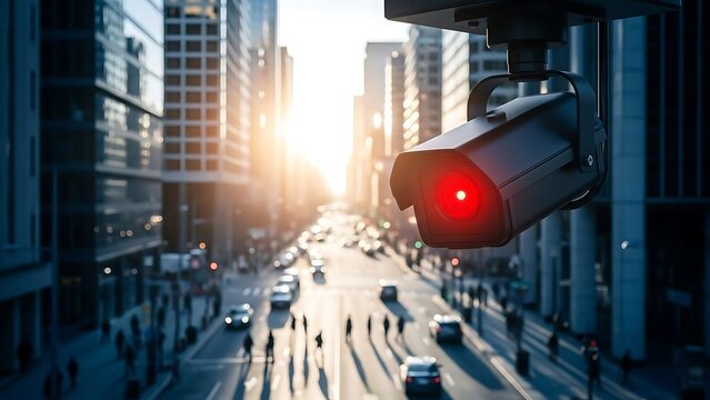 Modern security camera with a red light overseeing a bustling city street at sunset providing urban surveillance and public safety - Powered by Adobe