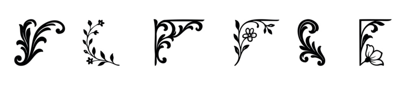 Collection of elegant black corner flourishes and floral accents for graphic embellishment and decorative framing in invitations and stationery projects