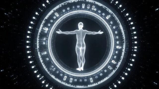 Futuristic Human Figure Surrounded by Digital Circles and Light Patterns in a Virtual Space Environment 4k video footage