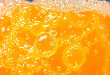 Close-up of fizzy orange soda, bubbles rising,  refreshment,  background