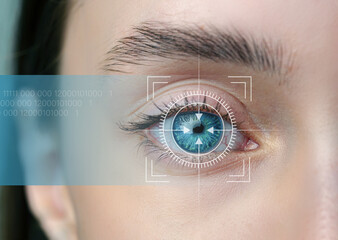 Close-up view of a human eye with digital scanning technology overlay indicating biometric identification process