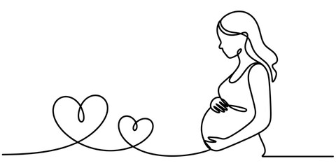 Continuous line drawing of a pregnant woman gently cradling her belly, with two connected hearts symbolizing love and family, isolated on white. Vector, illustration