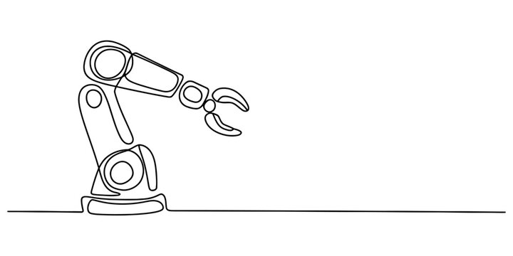 Single line drawing of a robotic arm, an industrial machine arm with a claw, symbolizing automation, manufacturing, and future technology, isolated on white. Vector, illustration