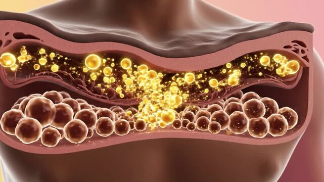 Human body fat tissue illustration showing adipose cells and lipid accumulation in a cross section for medical scientific and educational visualization
