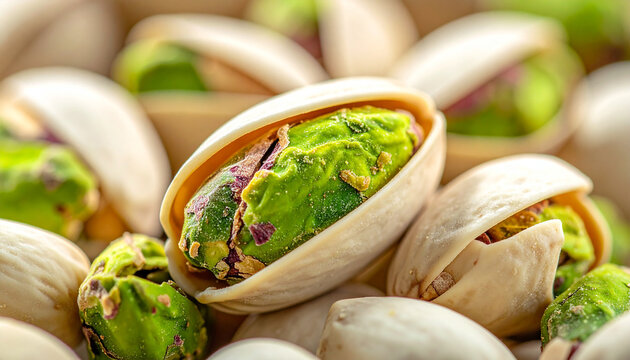 Macro shot of green and white pistachios with open shells, appetizing and crunchy vegetarian snack