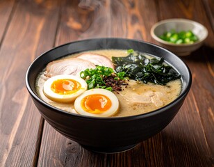 Steaming Tonkotsu Ramen with Chashu Pork Ajitama Egg and Nori in Dark Ceramic Bowl